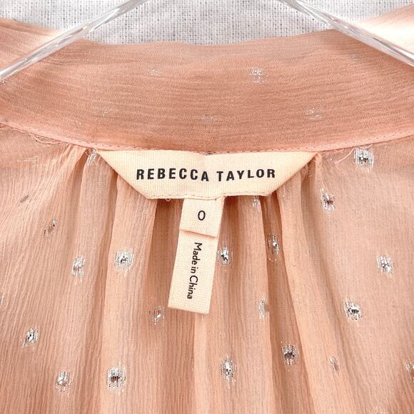 REBECCA TAYLOR Sheer Ruffle Trim Blouse Womens 0 Pink Silver Dot Tie Neck Top - Picture 10 of 14
